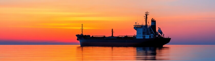 Fototapeta premium A serene sunset over calm waters with a silhouette of a cargo ship, evoking tranquility and adventure at sea.