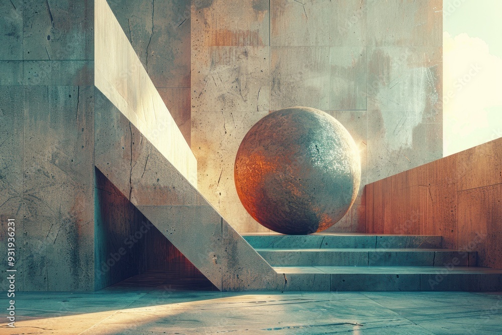 Aufkleber a large silver sphere rests on a set of concrete steps in a modern architectural setting