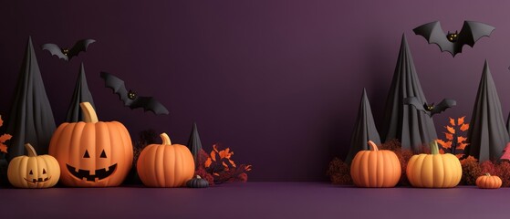 Charming Halloween scene featuring playful pumpkins, spooky bats, and decorated trees against a rich purple backdrop.