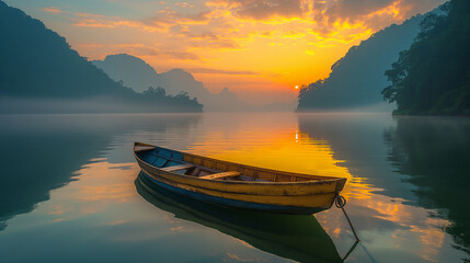 Tranquil Boat on Misty Lake at Sunrise