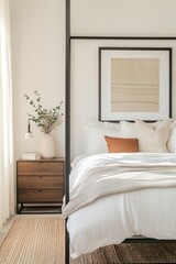 A stylish bedroom featuring a canopy bed with white linens, a minimalist nightstand, and a large framed artwork on the wall, illuminated by warm ambient light.
