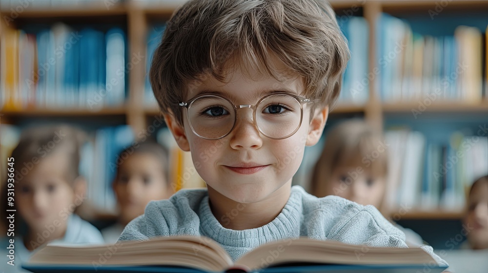 Poster semi-close-up of a student wearing glasses in an elementary classroom with an open book on the table