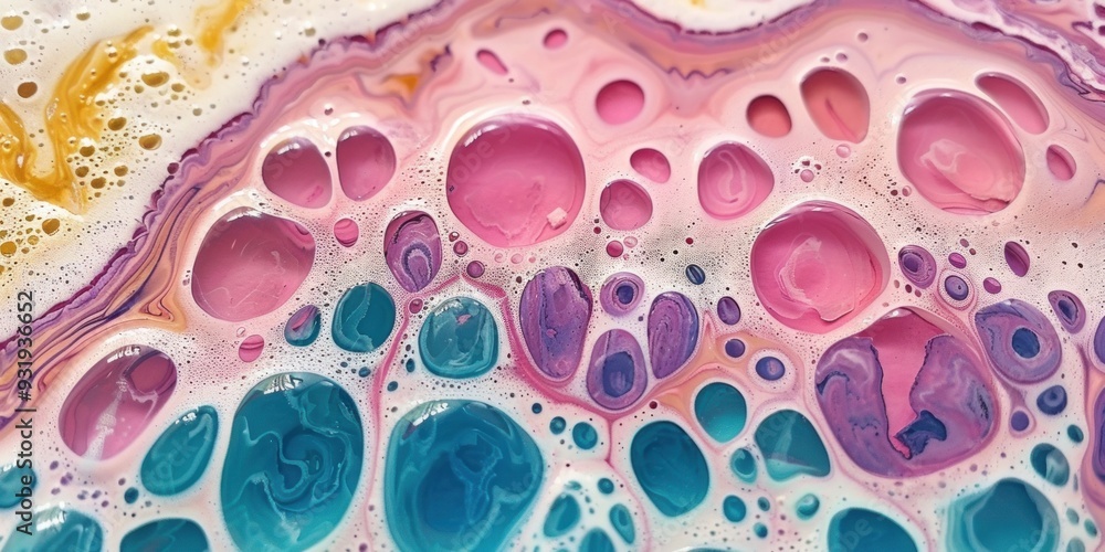 Poster multicolored bubbles float in a frothy, white bath