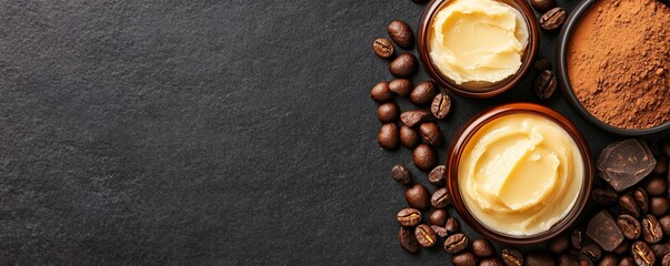 Luxurious coffee butter and cocoa powder on a dark stone surface, ideal for skincare and culinary uses.