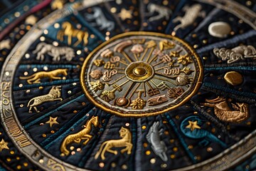 Obraz premium Intricate Zodiac Embroidery Featuring Astrological Symbols and Animals
