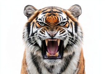 Fototapeta premium An angry, wild roaring tiger cutout isolated on white background