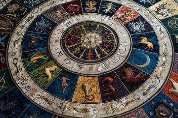 Intricate Zodiac Wheel with Astrological Symbols and Colorful Designs