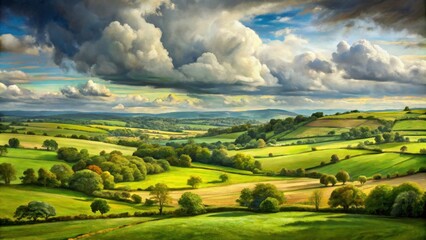 Obraz premium Oil painting of an English countryside with cloudy sky and muted green tones, oil painting, English countryside