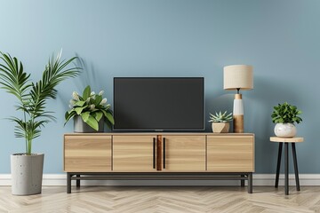 Interior mock up living room. cabinet for TV or place object in modern living room with lamp,table,flower and plant. 3D rendering