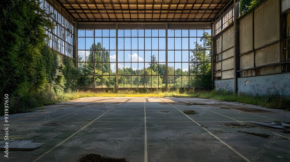 Poster 89. **an empty sports complex with overgrown fields and rusting equipment