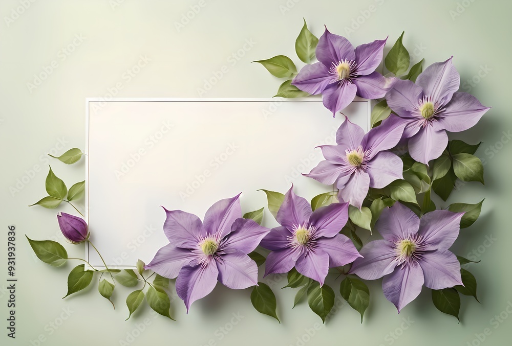 Poster branch of climbing beautiful clematis flowers, clean empty space for text