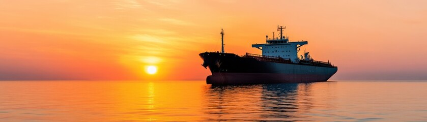 Fototapeta premium A cargo ship silhouetted against a vibrant sunset over calm waters, capturing the beauty of maritime transport and nature.