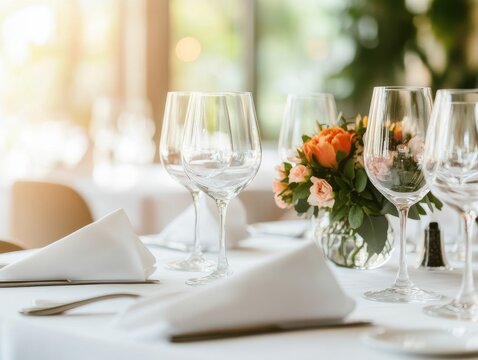 Elegant dining table set with glassware and floral centerpiece, perfect for romantic dinners or special events.