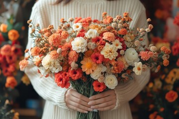 A woman holds a vibrant bouquet of flowers in warm autumn colors at a floral shop