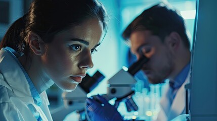 Attractive young female scientist and her male supervisor pipetting and microscoping in the life science research laboratory biochemistry genetics forensics microbiology