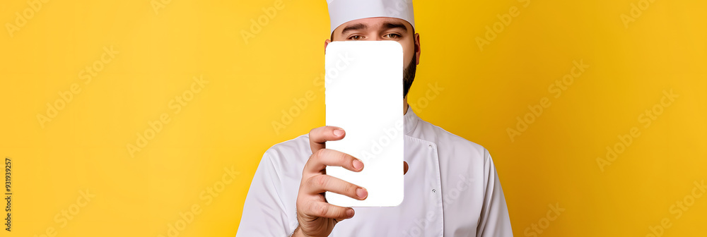 Sticker In a yellow studio background a positive chef guy holds a phone with a blank screen promoting a culinary app The mockup offers a wide view and copy space