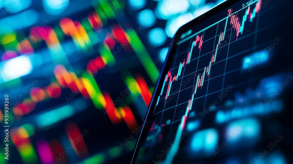 Poster close-up of a financial app on a mobile device, emphasizing the stock market graph and real-time dat
