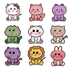 Zoo collection.Set of cute animals cartoon character design.Dog,cat,rabbit,bear,lion,deer,frog,cow,crocodile.Image.Art.Kid graphic.Isolated.Sticker.Collection.Vector.Illustration.kawai.clipart.