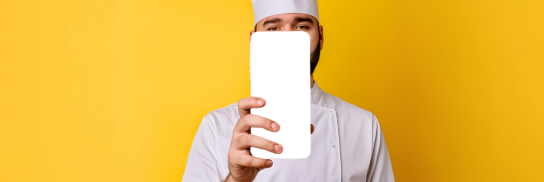 In a yellow studio background a positive chef guy holds a phone with a blank screen promoting a culinary app The mockup offers a wide view and copy space