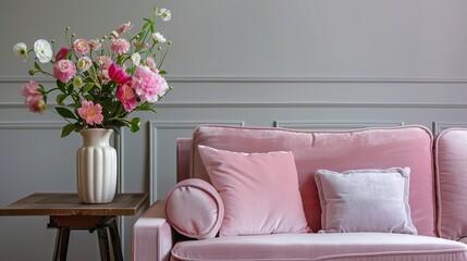 Flowers in vases on wooden commode in contemporary living room interior with pastel pink sofa