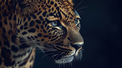 Obraz premium Close-up leopard portrait on dark background. copy space for text.