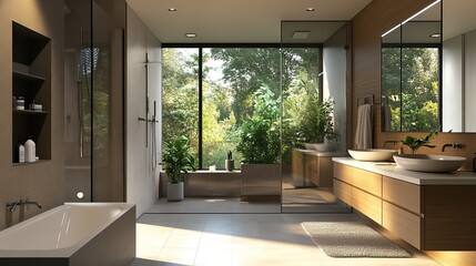 Fototapeta premium A modern bathroom with a walk-in shower, minimalist fixtures, and large mirrors reflecting soft natural light, complemented by a sleek design.