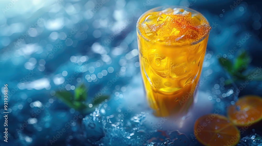 Poster refreshing orange drink with ice