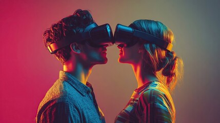 Couple on a date in virtual reality headset. Romantic couple portrait in virtual reality. Relationship online. Virtual love romance family. copy space for text.