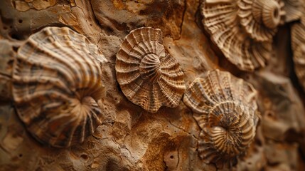 Close up shot of sea shells fossil trapped in sandstone