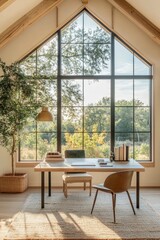 Fototapeta premium A serene home office with a minimalist desk, a comfortable chair, and a large window with a beautiful outdoor view, bathed in natural light.