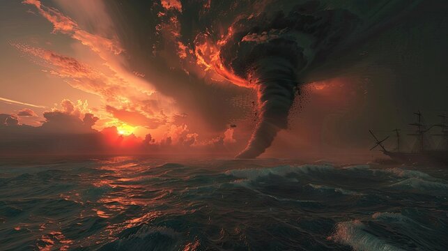 A tornado in the middle of the vast ocean coincides with the rising of the sun
