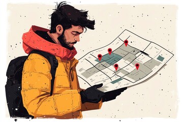 Man Looking at Map with Pins