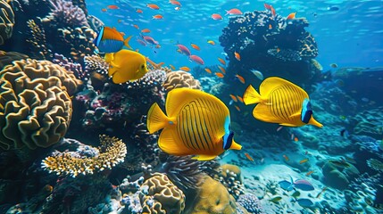 Fototapeta premium Swimming yellow fish Ribboned sweetlips and butterflyfish and healthy coral reef Tropical fish and corals in the blue sea Marine life underwater photo from scuba diving Wildlife in the ocean