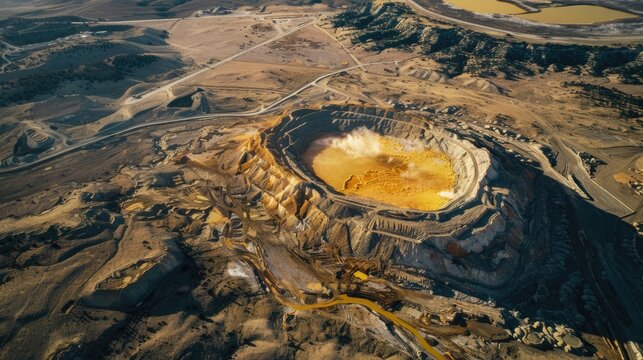 Aerial view of Uranium mine that produces yellow cake for nuclear power plant fuel processing