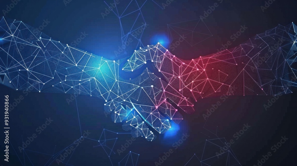 Poster digital handshake symbolizing partnership and collaboration in a tech driven world, featuring a netw