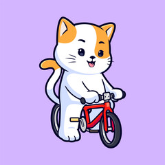 Fototapeta premium Cute Cat riding bicycle vector mascot logo. Animal transportation icon concept illustration.