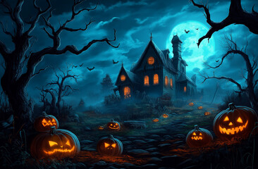 Spooky haunted house with glowing pumpkins and full moon on a foggy Halloween night