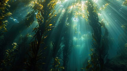Bright light pours into Monterey Bay through the canopy of a forest of giant kelp Macrocystis pyrifera Giant kelp can grow over two feet per day and serves as an important marine habitat