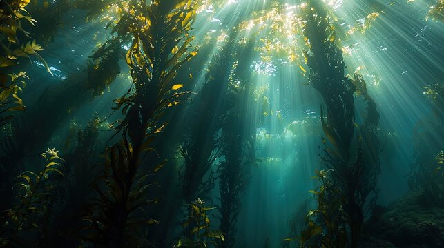 Bright light pours into Monterey Bay through the canopy of a forest of giant kelp Macrocystis pyrifera Giant kelp can grow over two feet per day and serves as an important marine habitat