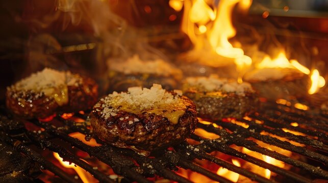 Burgers with cheese and salt on top being roasted in a typical Uruguayan grill called parrilla supplied with firewood and flames in a restaurant kitchen