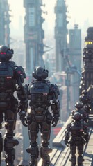 Robotic soldiers navigate a vibrant city filled with futuristic skyscrapers