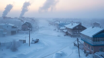 Obraz premium Snowy Town at Dawn.