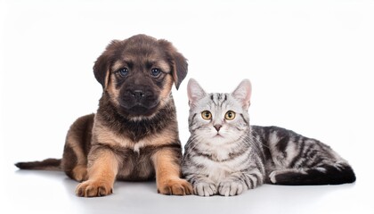 Obraz premium 仲良く一緒に座っている子犬と猫（Puppy and cat sitting together friendly） 