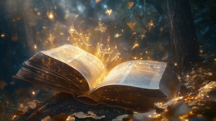 Fototapeta premium An open magic book from which symbols and magic fly out