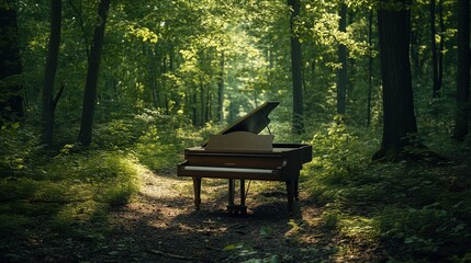 Naklejka premium An old piano stands in the middle of the forest
