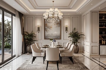 Elegant dining room with modern decor and chandelier in a luxury home during daylight