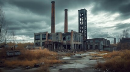 Obraz premium An old destroyed factory with large pipes against a cloudy sky