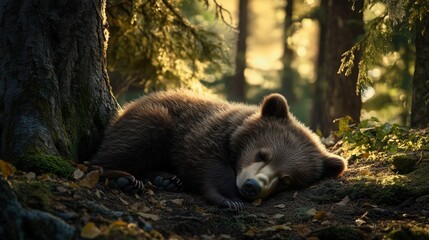 Obraz premium Little sleeping bear cub in the forest under a tree