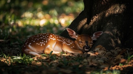 Little sleeping deer in the forest under a tree