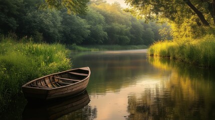 Obraz premium Not a wide river with grass on the banks and a boat